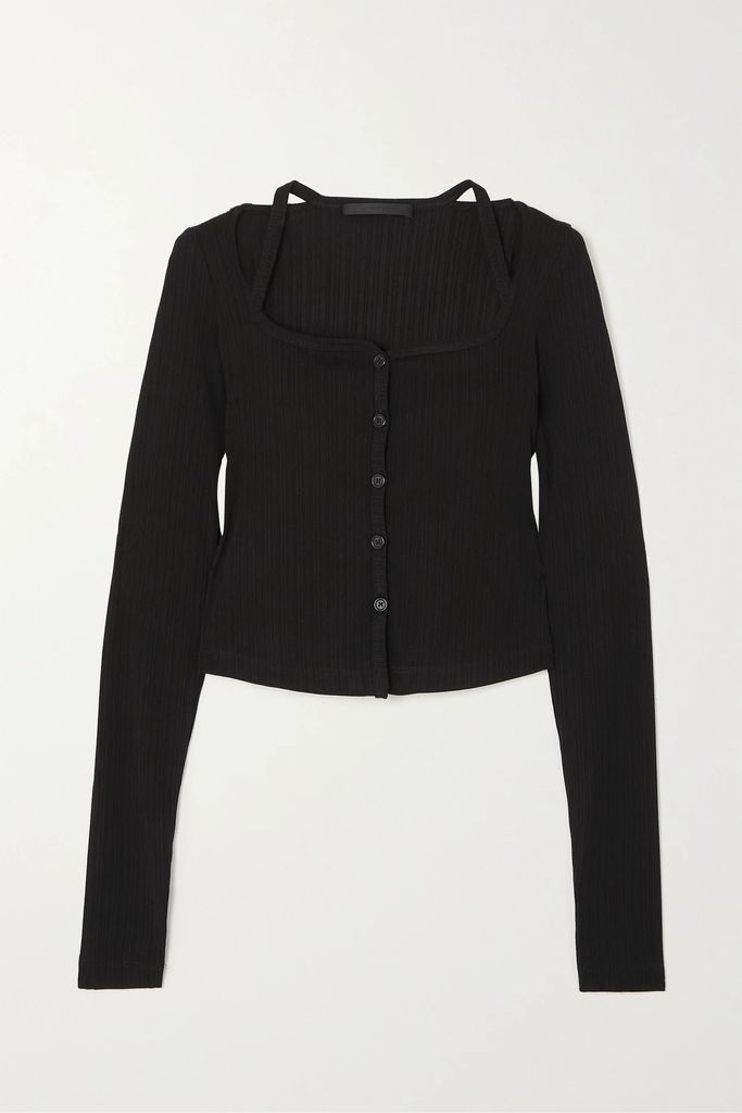 Cropped Cutout Ribbed Stretch-jersey Cardigan - Black