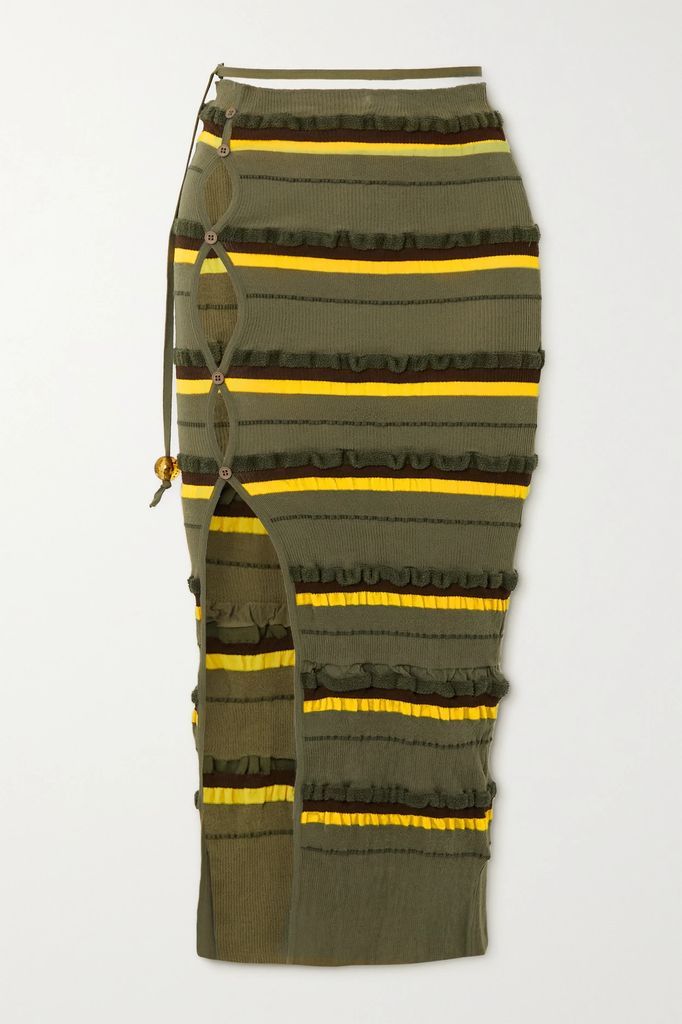 Concha Cutout Striped Seersucker Midi Skirt - Green