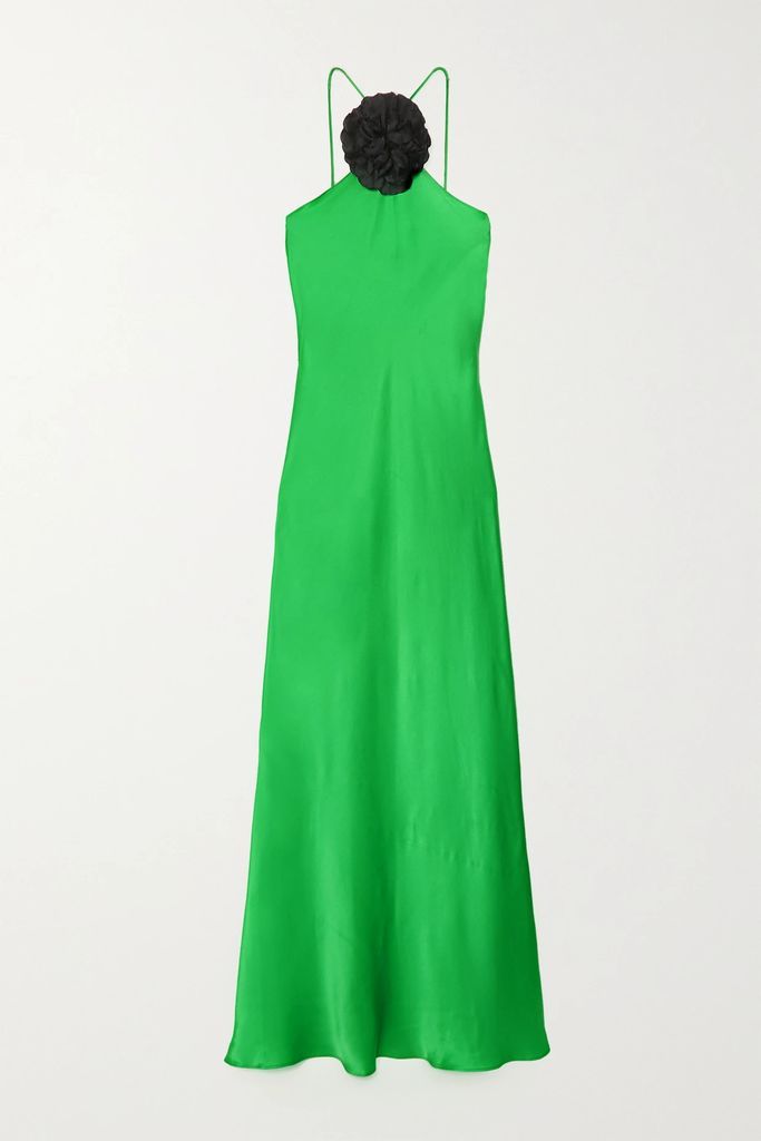 Floral-appliquéd Silk-charmeuse Maxi Dress - Green