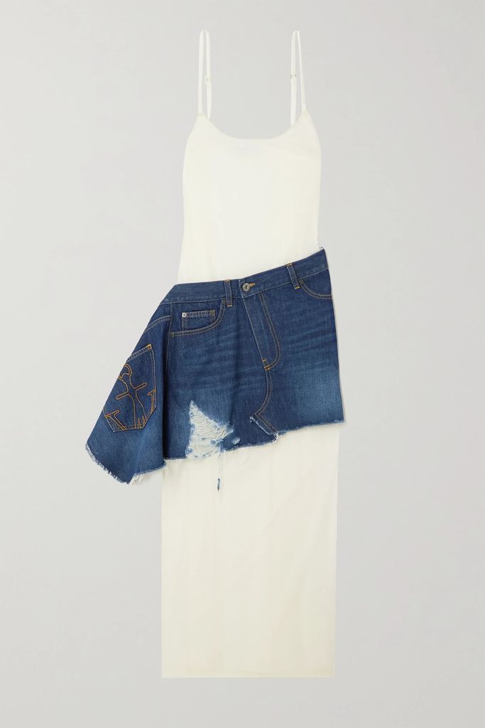 Deconstructed Asymmetric Cotton-jersey And Denim Maxi Dress - Beige