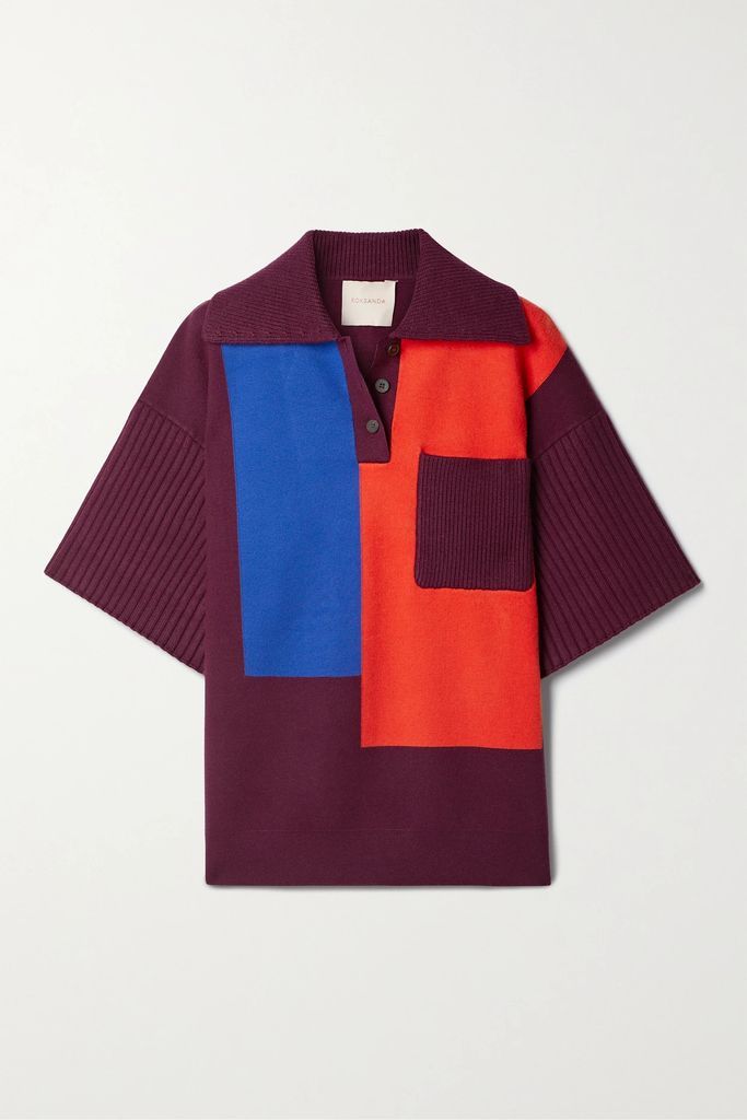 Color-block Knitted Polo Shirt - Burgundy