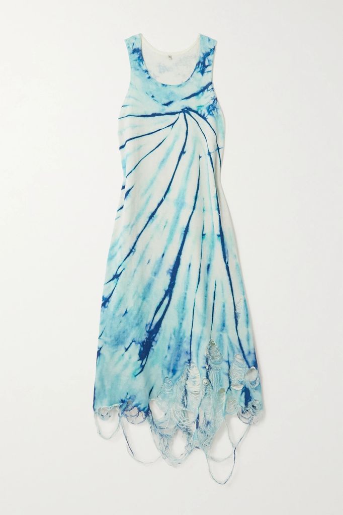 Distressed Printed Cotton Midi Dress - Blue