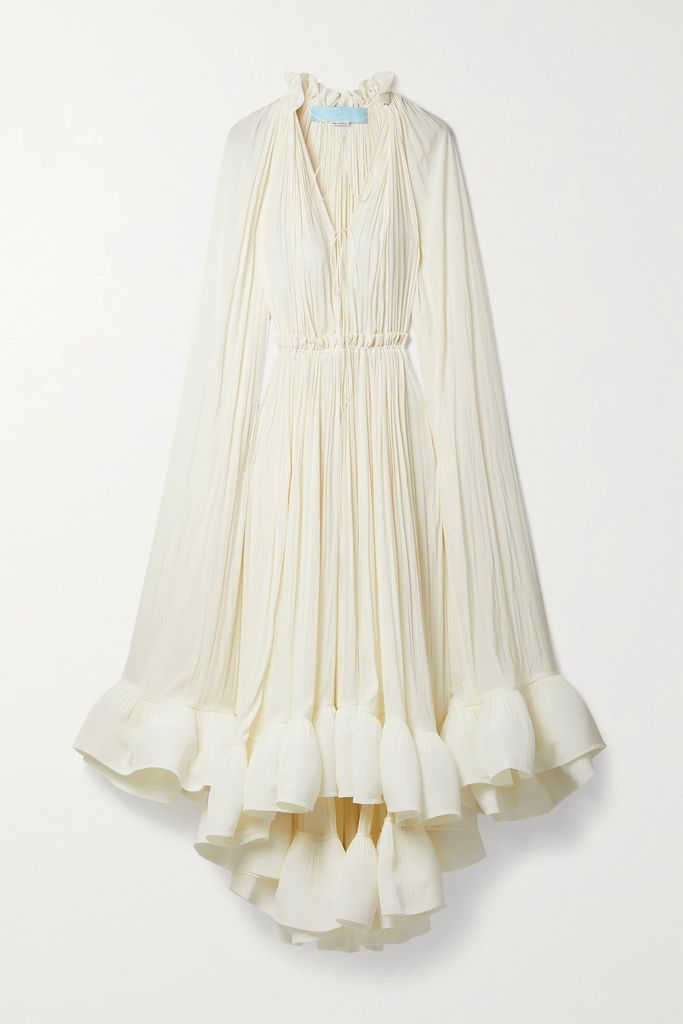 Cape-effect Tie-detailed Ruffled Crepe Dress - Off-white