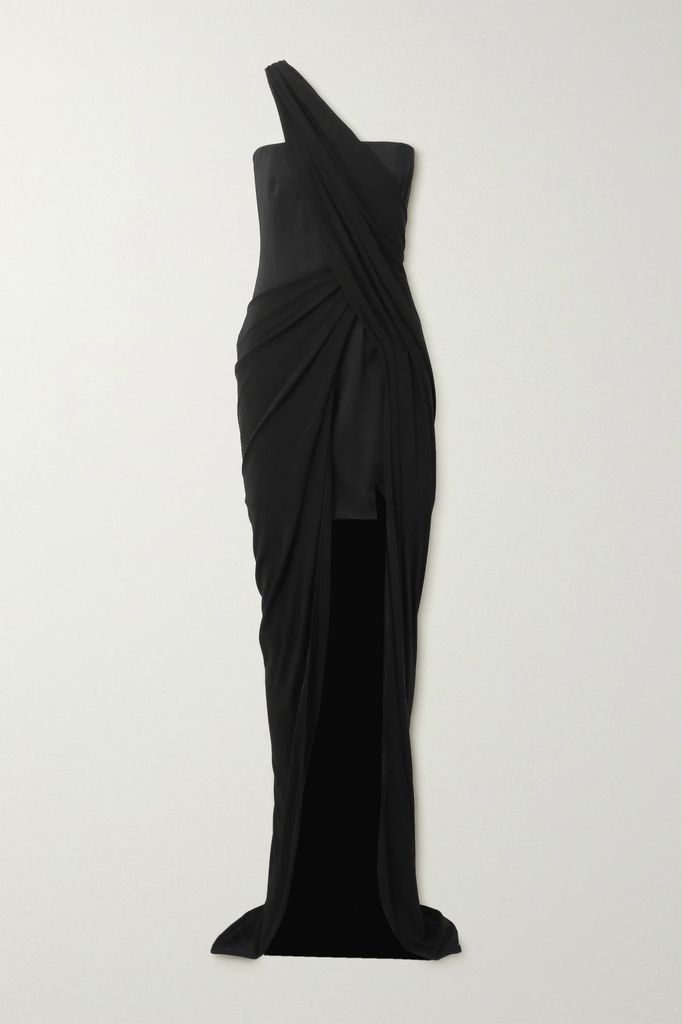 Draped One-shoulder Satin Gown - Black