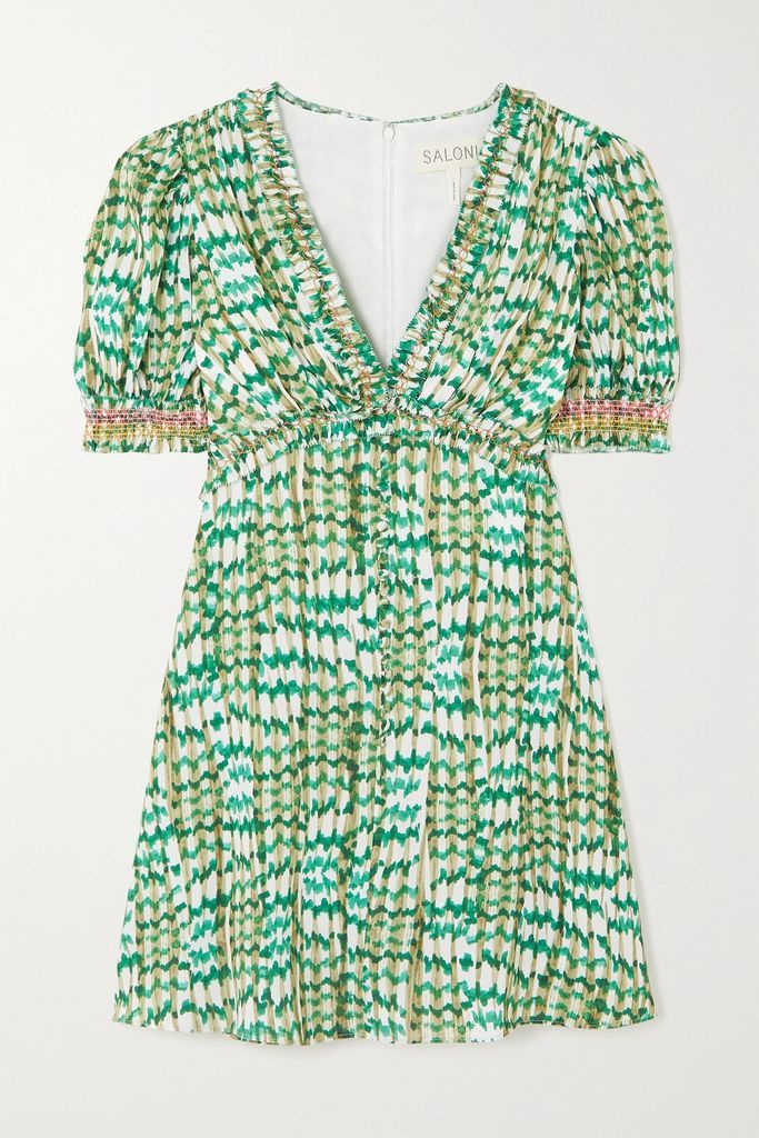 Lea Smocked Printed Ecovero-blend Crepe Mini Dress - Emerald