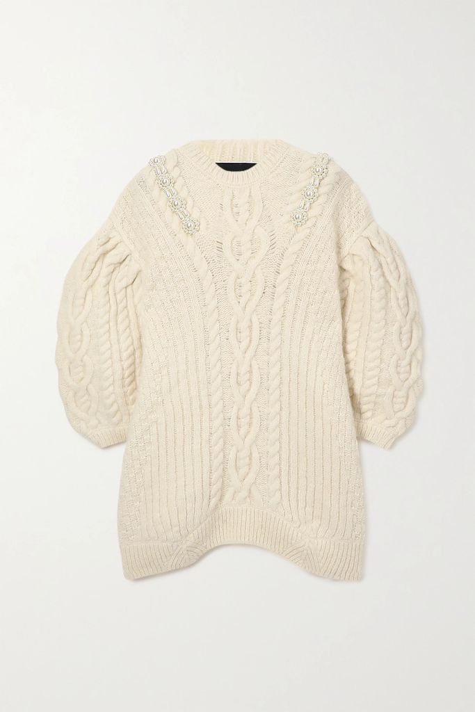 Faux Pearl-embellished Cable-knit Alpaca-blend Sweater - Ivory
