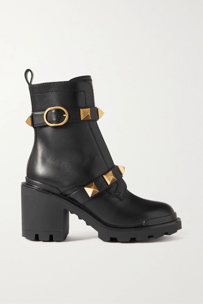 Roman Stud Leather Ankle Boots - Black