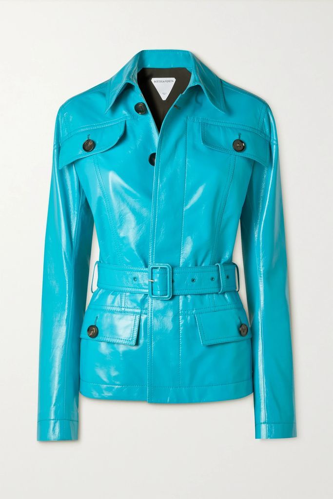 Belted Glossed-leather Jacket - Bright blue