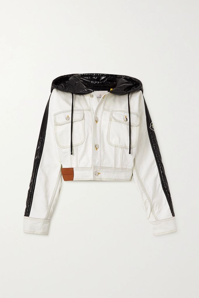 + Alicia Keys Cropped Hooded Coated Shell-panelled Denim Jacket - White