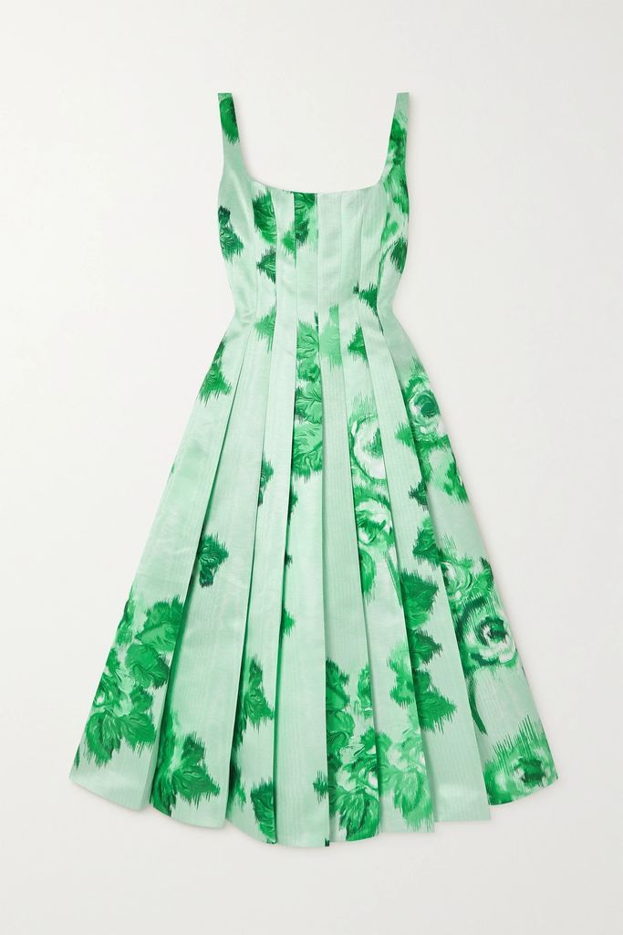 Adele Pleated Floral-print Duchesse-satin Midi Dress - Green