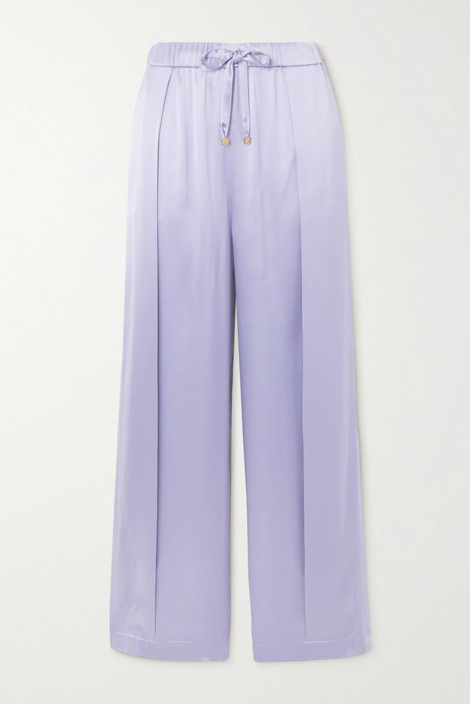 Anagram Pleated Embroidered Silk-satin Pants - Lilac