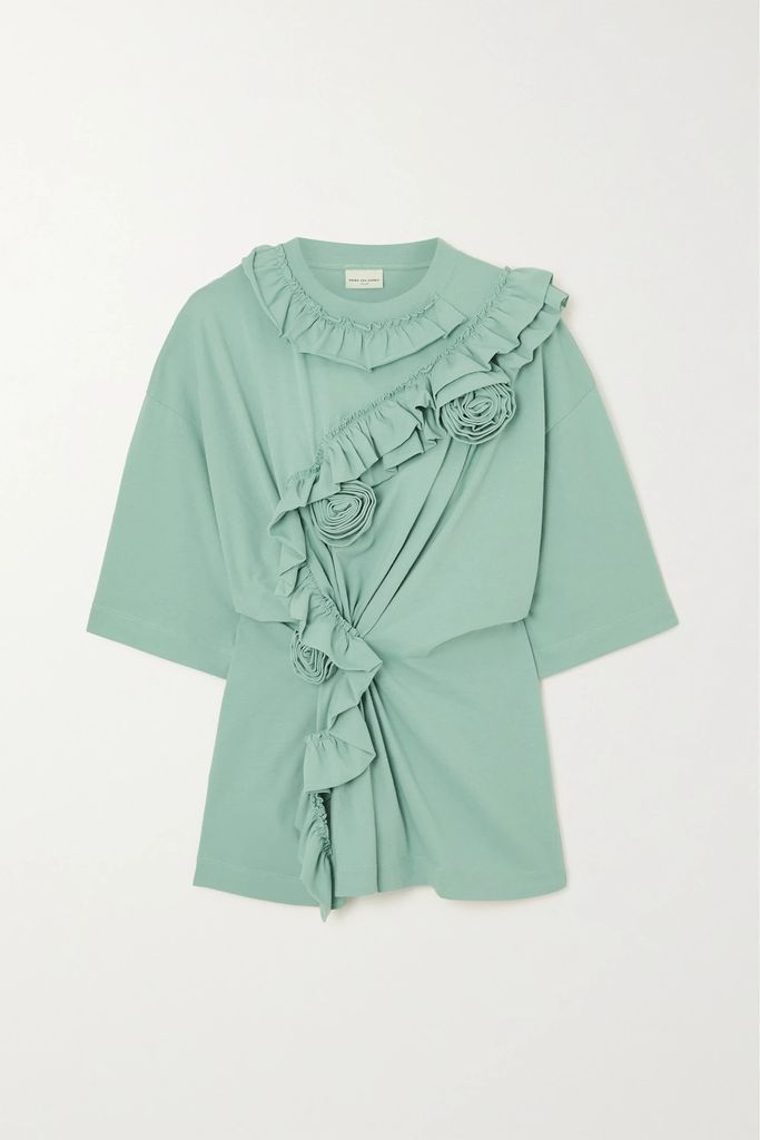 Appliquéd Ruffled Cotton-jersey T-shirt - Light blue