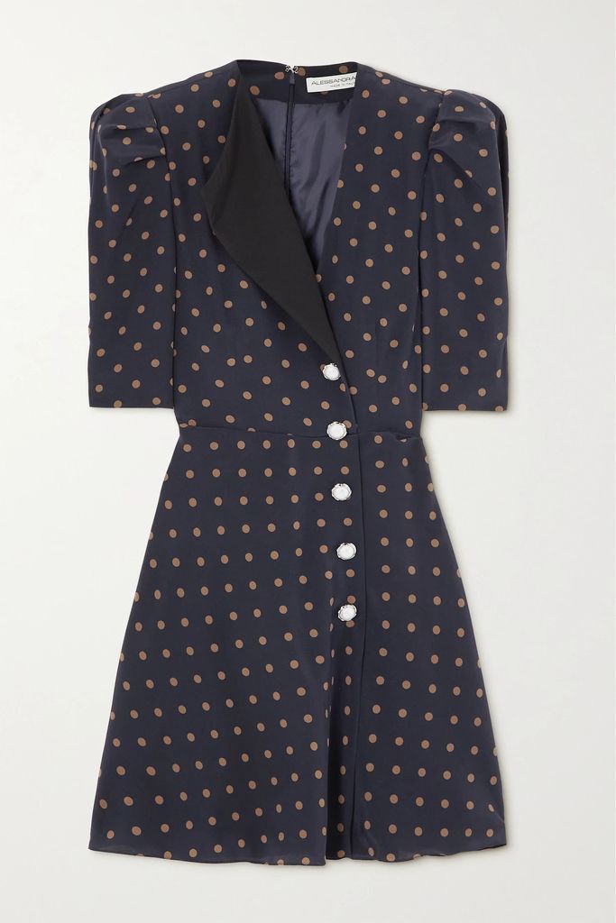 Asymmetric Button-embellished Polka-dot Silk Mini Dress - Navy