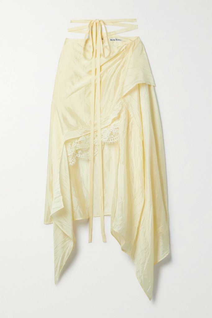 Asymmetric Crinkled Satin Midi Skirt - Beige