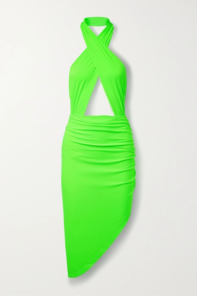 Asymmetric Cutout Neon Stretch-jersey Halterneck Midi Dress - Green