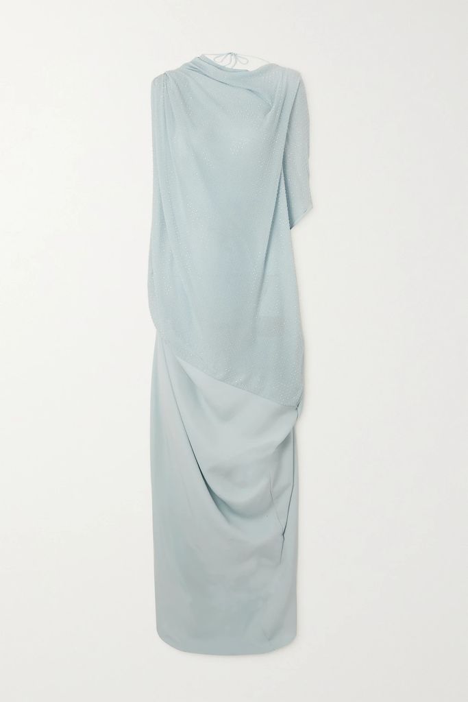 Asymmetric Draped Crystal-embellished Silk-chiffon And Satin Dress - Sky blue