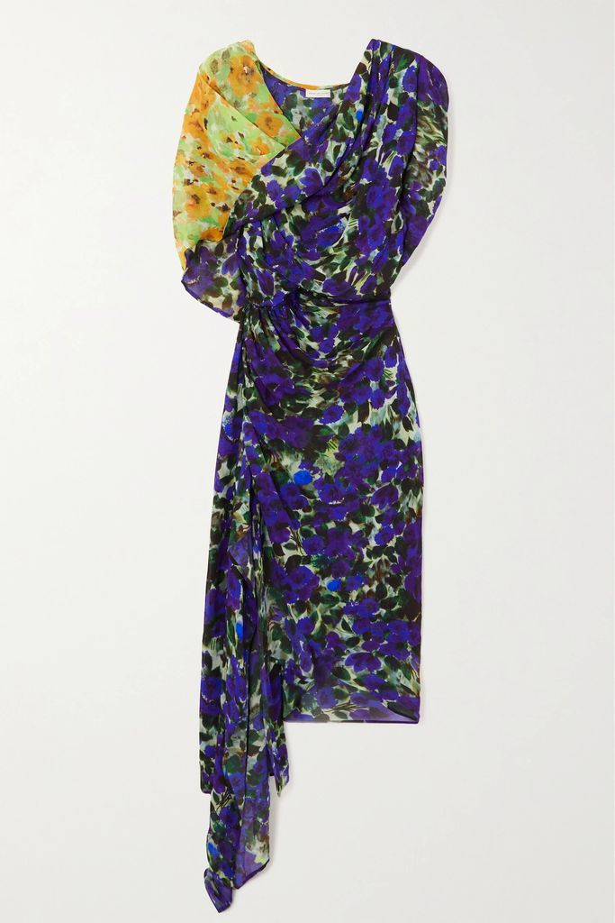 Asymmetric Draped Floral-print Chiffon Dress - Indigo