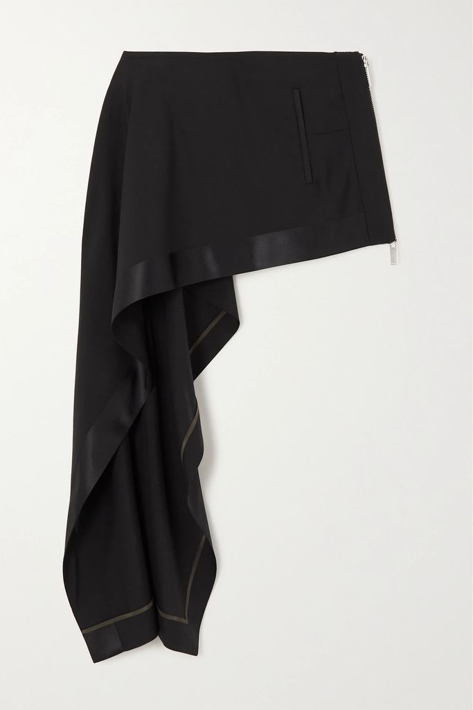 Asymmetric Draped Satin-trimmed Twill Skirt - Brown