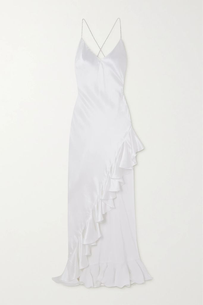 Asymmetric Open-back Ruffled Crystal-embellished Silk-satin Gown - White