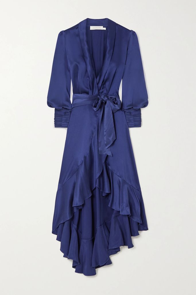 Asymmetric Ruffled Silk-satin Midi Wrap Dress - Navy