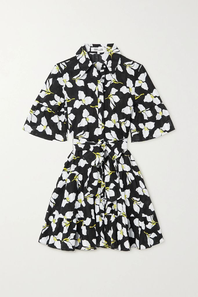 Beata Belted Ruffled Floral-print Cotton-gauze Mini Dress - Black