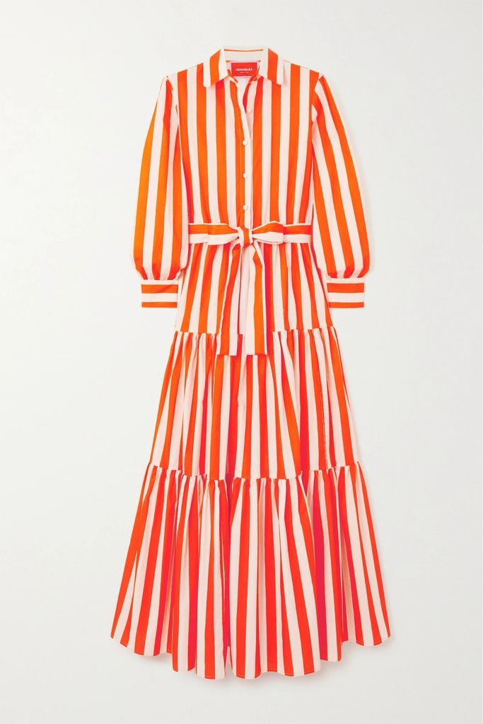 Bellini Tiered Striped Cotton-poplin Maxi Shirt Dress - Orange
