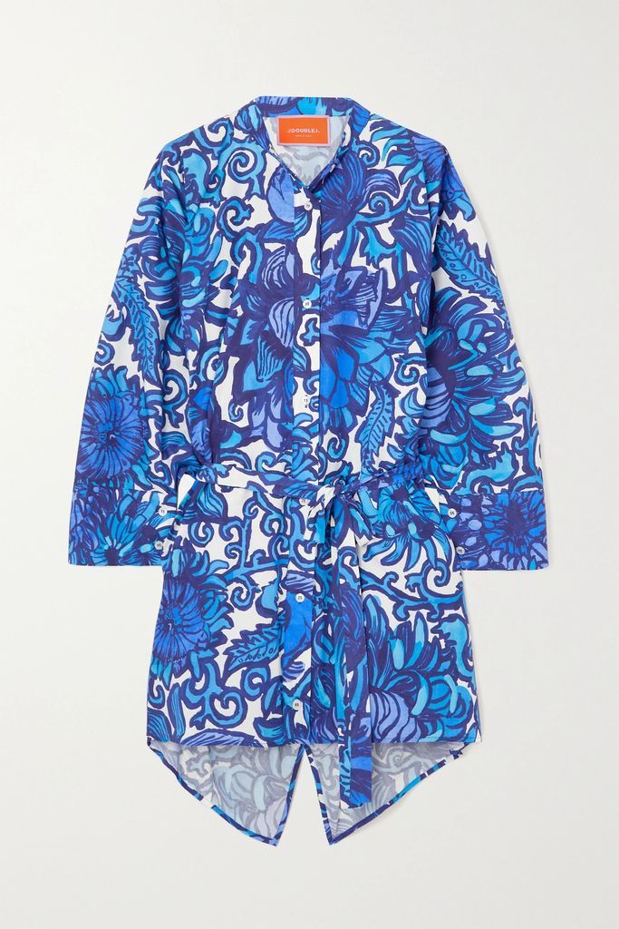 Belted Floral-print Cotton-poplin Mini Shirt Dress - Blue