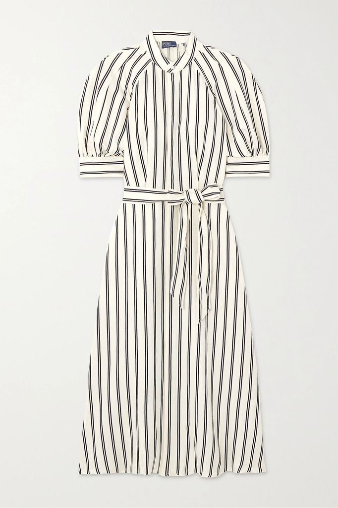 Belted Striped Mulberry Silk Midi Dress - Cream