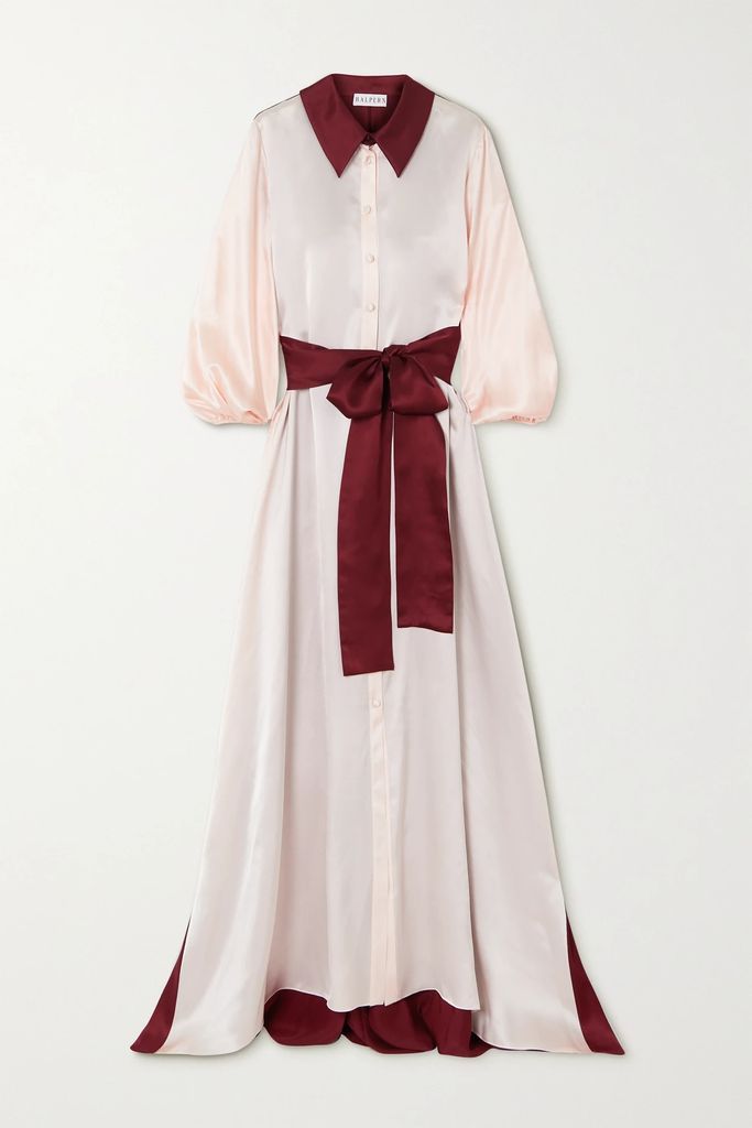 Belted Two-tone Silk-satin Maxi Shirt Dress - Peach