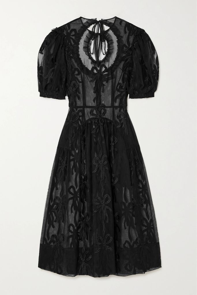 Bow-detailed Cutout Lace-trimmed Voile Midi Dress - Black
