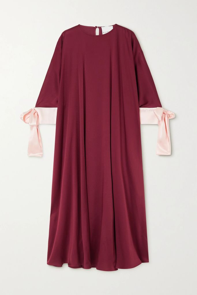 Bow-detailed Two-tone Silk-satin Kaftan - Burgundy