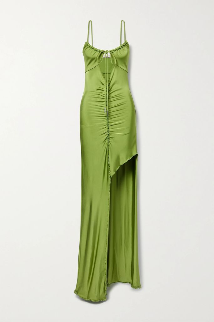 Brie Tie-detailed Cutout Ruched Stretch-satin Jersey Maxi Dress - Green
