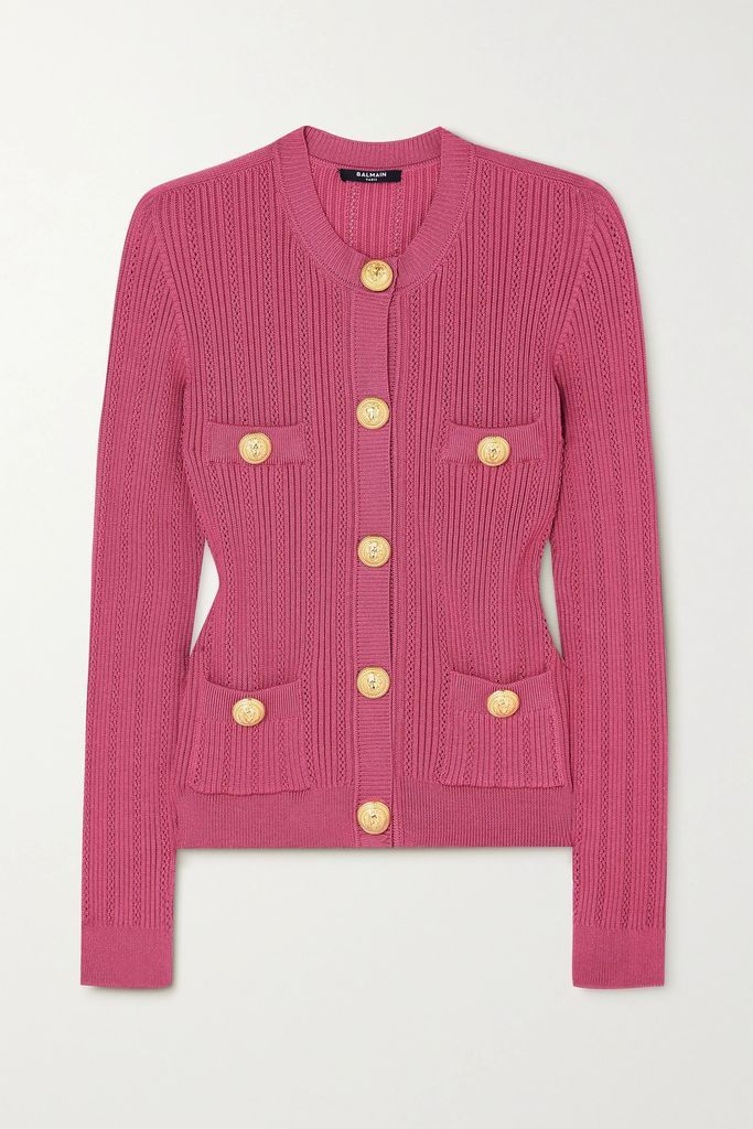 Button-embellished Ribbed-knit Cardigan - Bright pink
