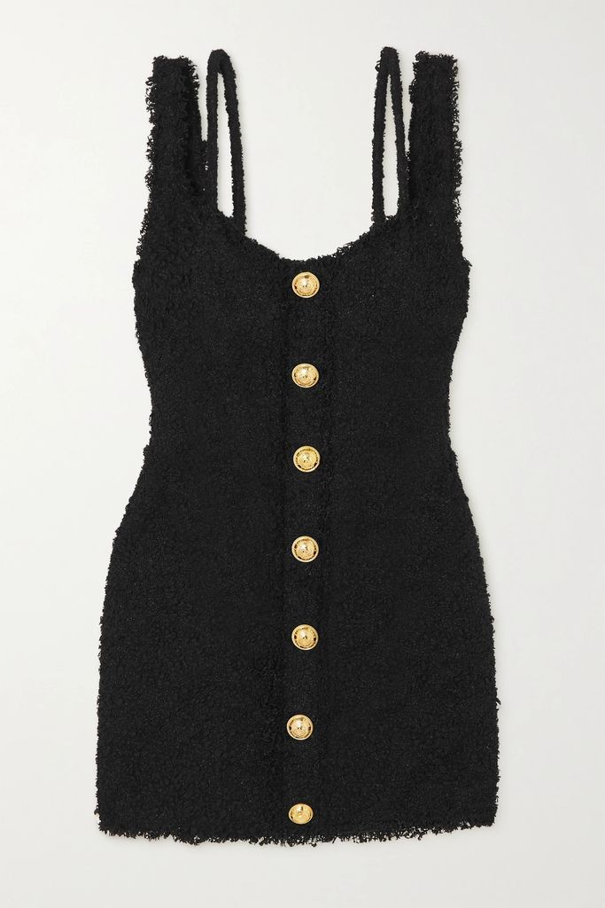 Button-embellished Tweed Mini Dress - Black