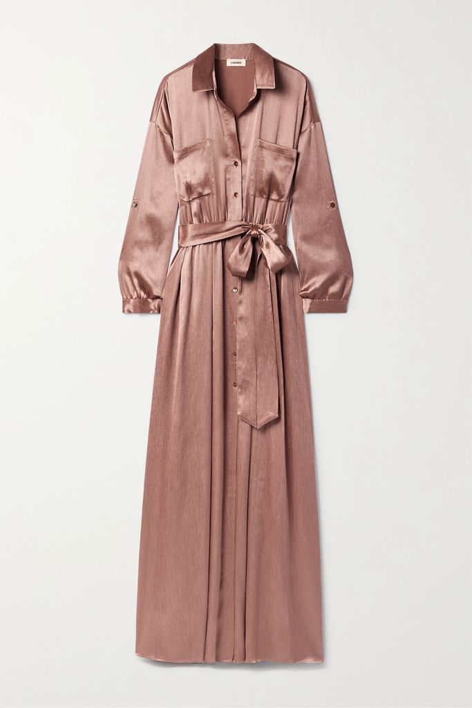 Cammi Belted Plissé-satin Maxi Shirt Dress - Pink