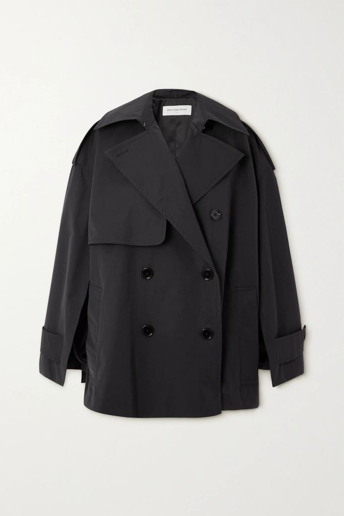 Cape-effect Double-breasted Gabardine Trench Coat - Black