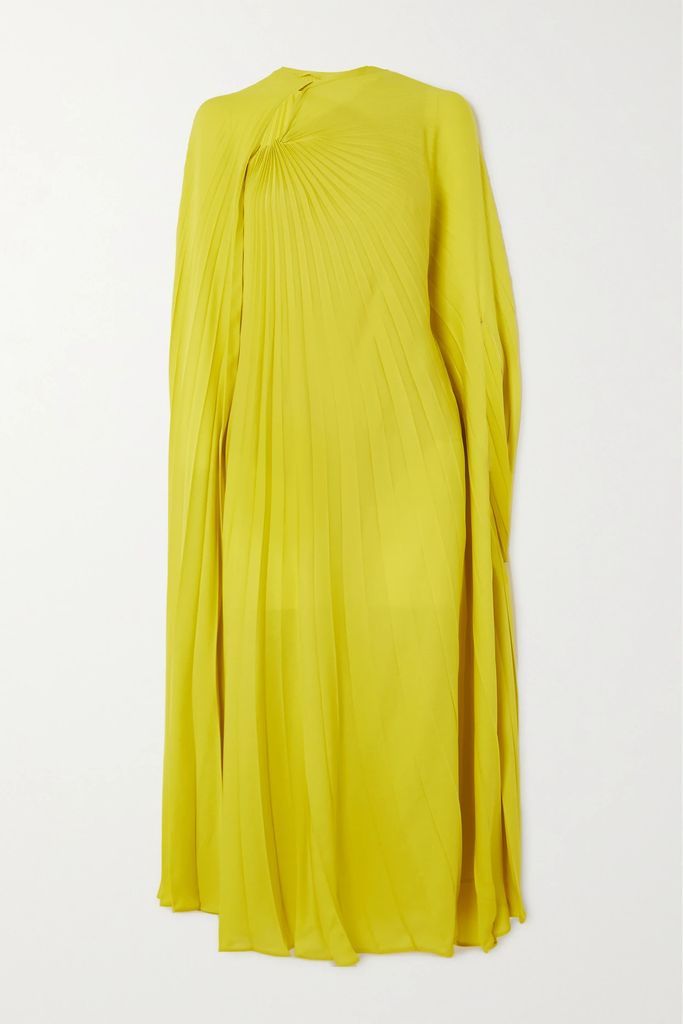 Cape-effect Pleated Silk Crepe De Chine Midi Dress - Yellow