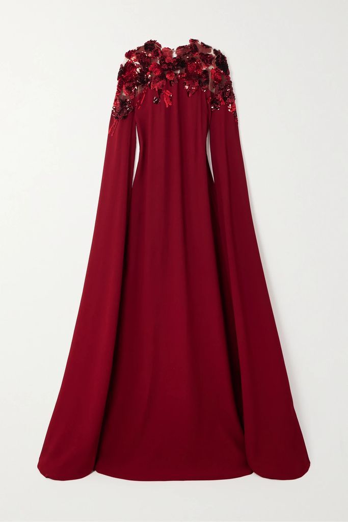 Cape-effect Sequin-embellished Tulle-trimmed Crepe Gown - Red