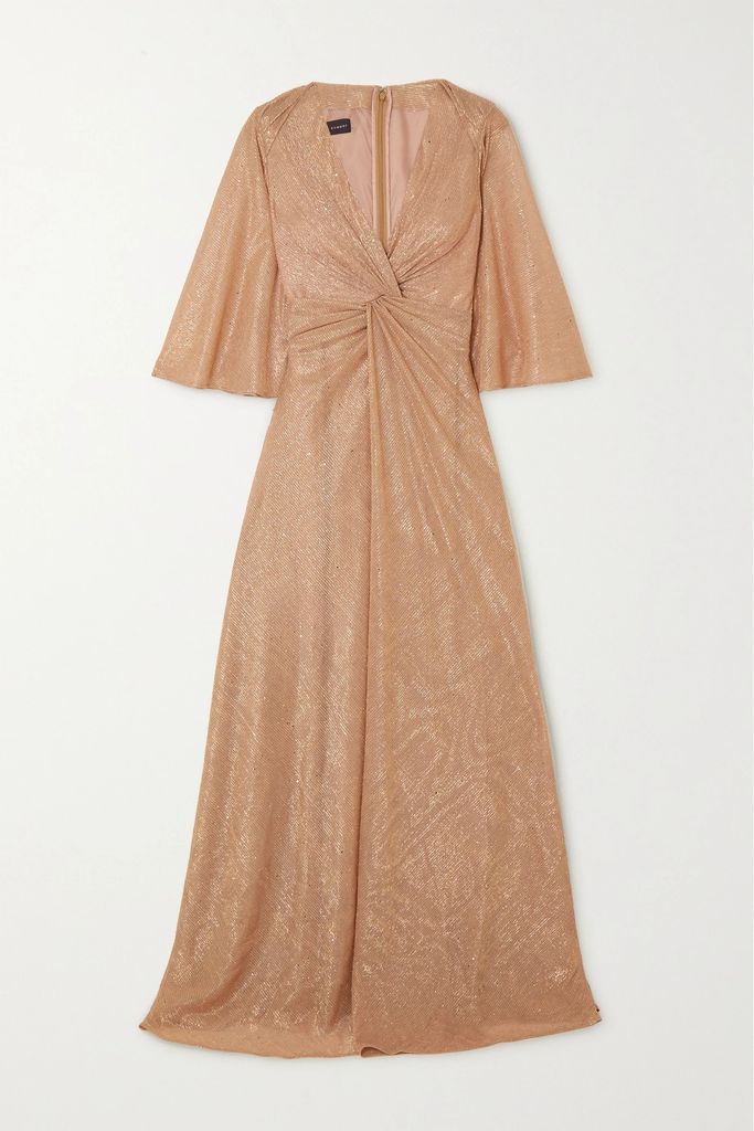 Cape-effect Twist-front Sequin-embellished Metallic Voile Gown - Peach