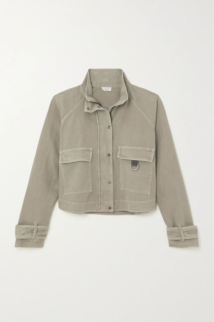 Cropped Cotton And Linen-blend Twill Jacket - Green
