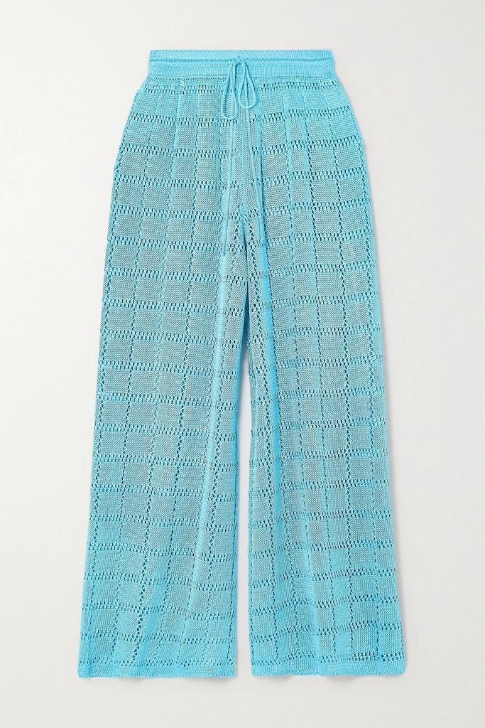 Cropped Crochet-knit Wide-leg Pants - Light blue