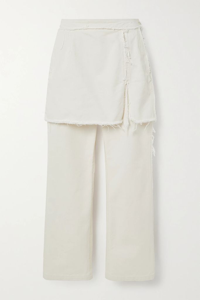 Cropped Layered Frayed Cotton-twill Straight-leg Pants - Ecru