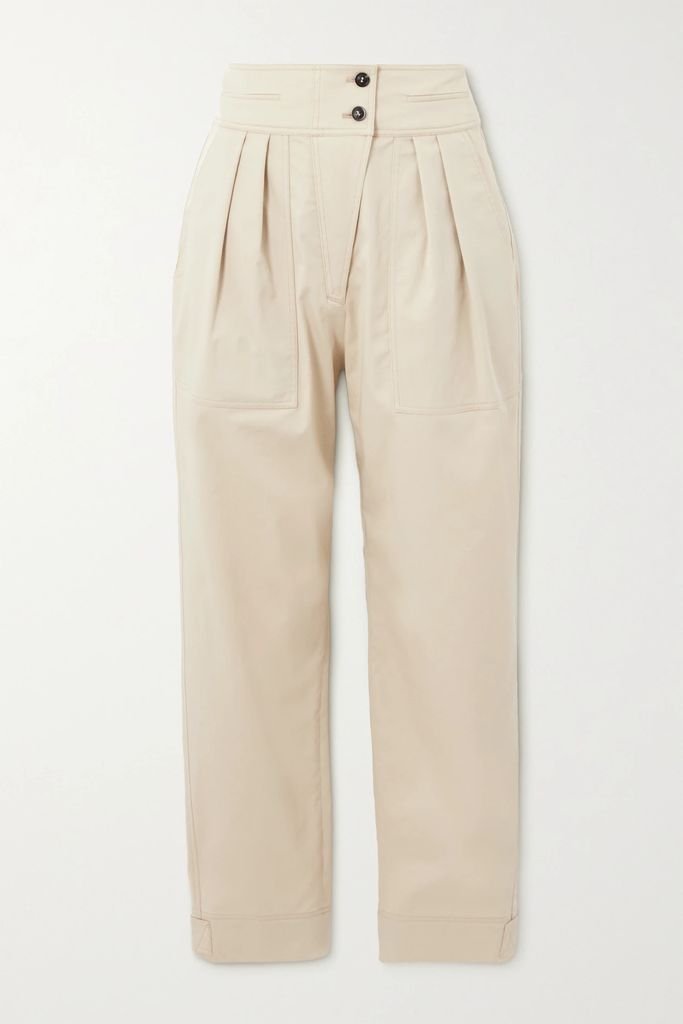 Cropped Pleated Organic Cotton-blend Twill Tapered Pants - Beige