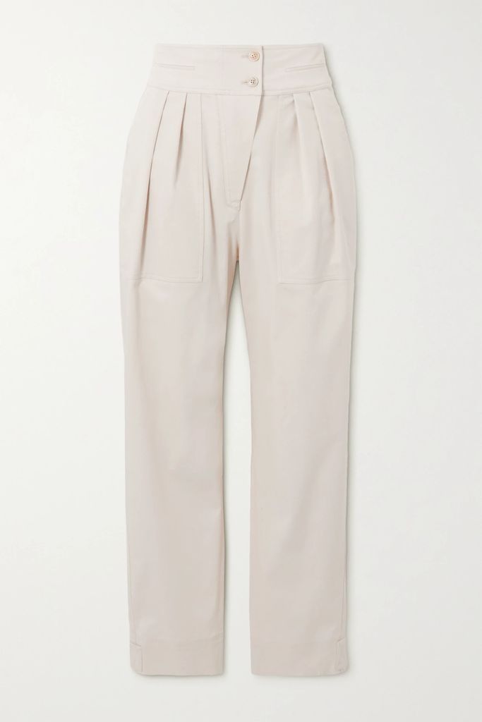 Cropped Pleated Organic Cotton-blend Twill Tapered Pants - Ivory