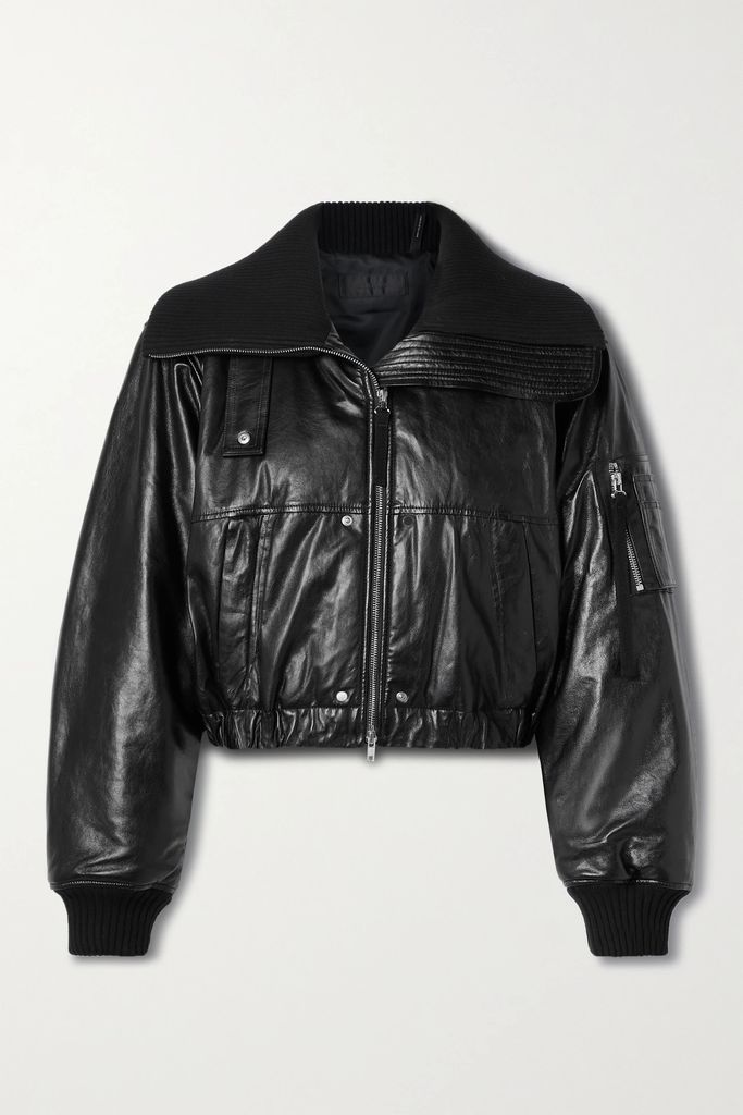 Cropped Textured-leather Bomber Jacket - Black