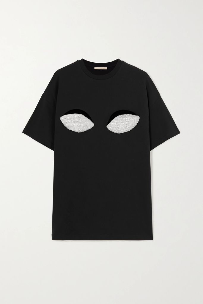 Crystal-embellished Cutout Organic Cotton-jersey T-shirt - Black