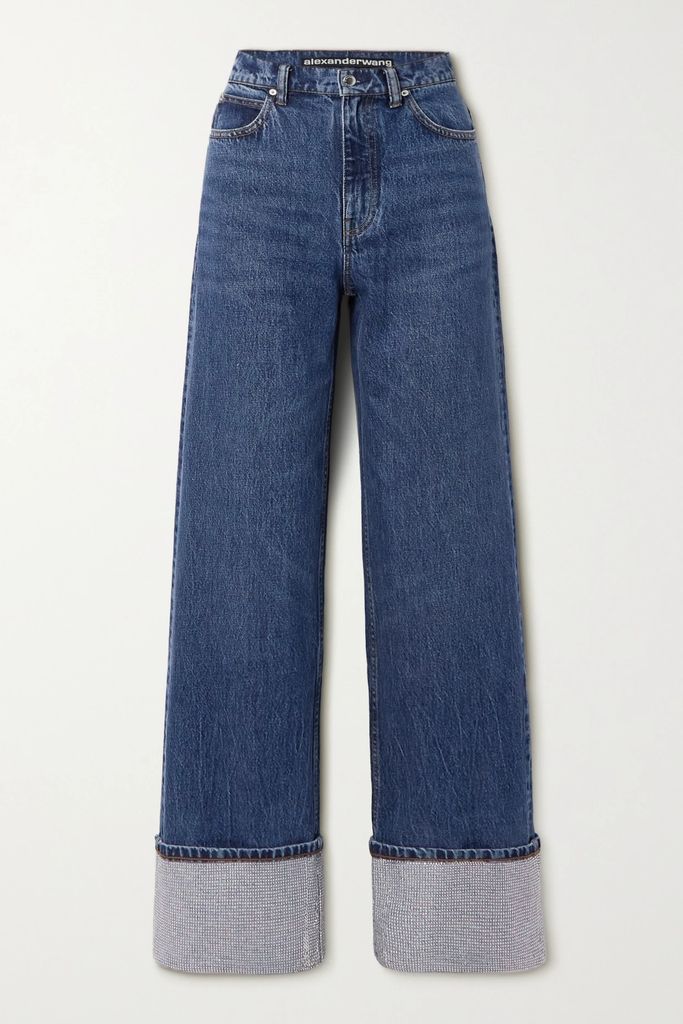 Crystal-embellished High-rise Wide-leg Jeans - Mid denim