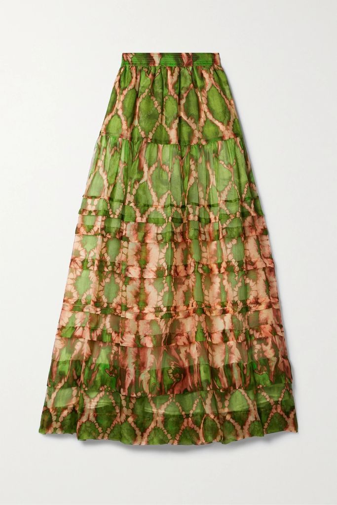 Dimitra Tiered Printed Silk Midi Skirt - Green