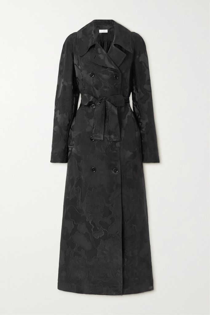 Double-breasted Satin-jacquard Trench Coat - Black