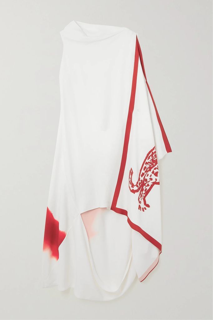 Draped Printed Satin Dress - White